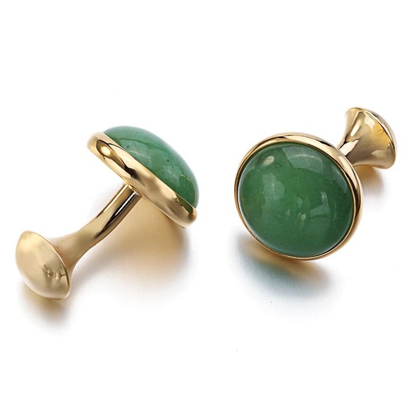 Elegant Round Green Aventurine Quartz Cufflinks - Picture 3 of 17
